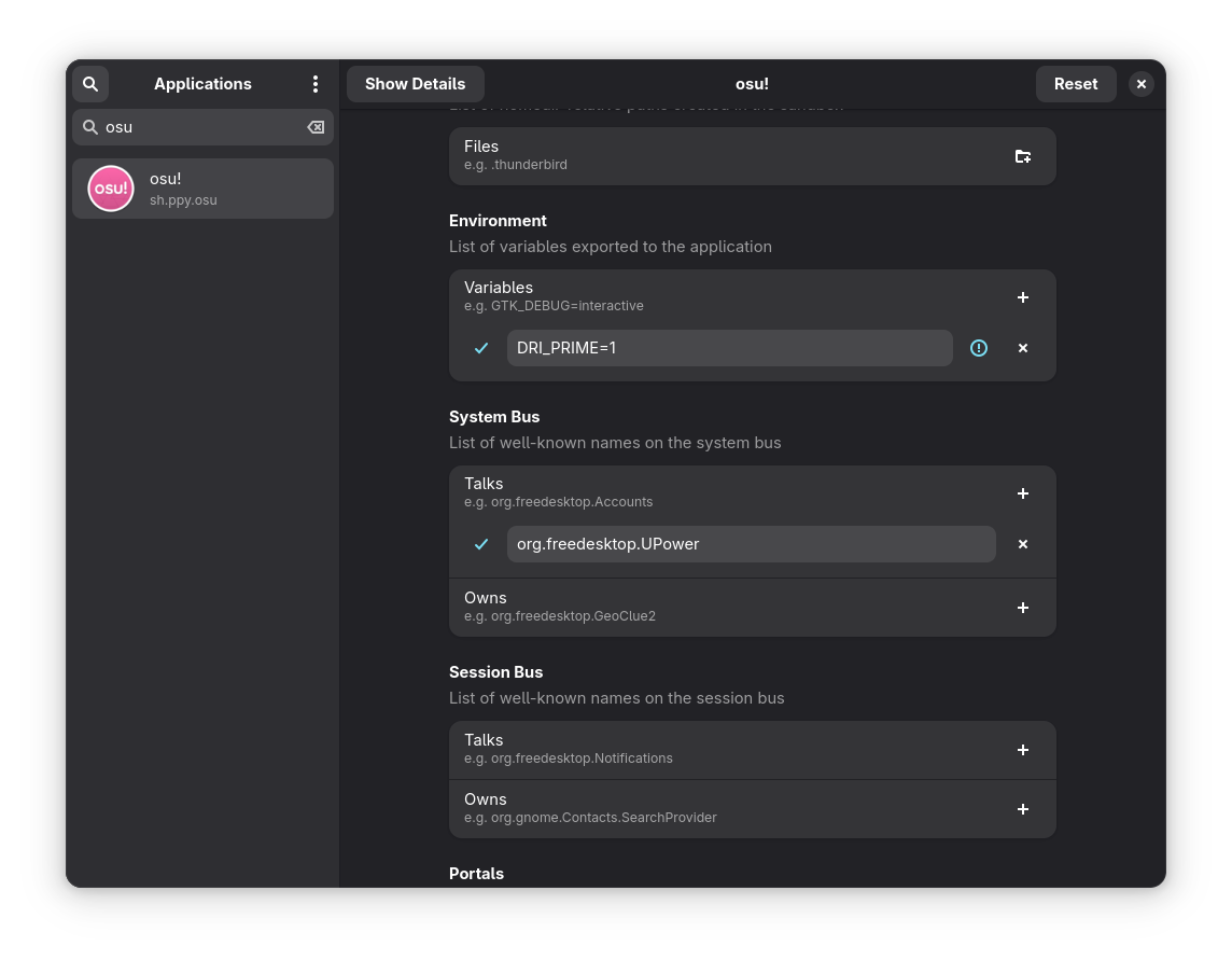 Screenshot of the environment variable setup in Flatseal