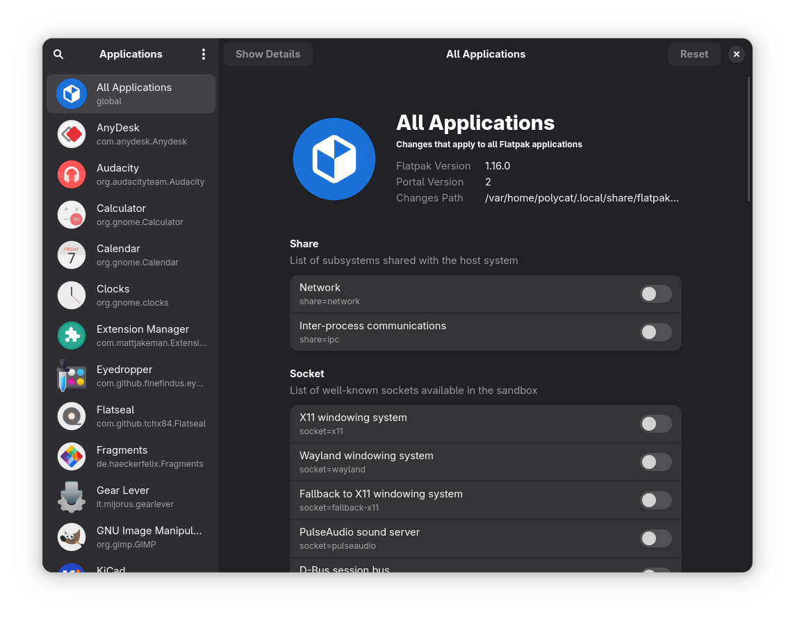 Screenshot of Flatseal default page